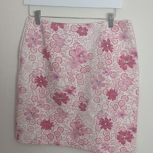 Ann Taylor Pink Floral Pencil Skirt Mini Lined Side Zip Workwear Size 10